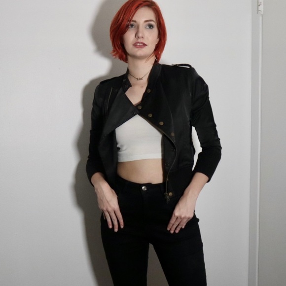 Gold Buttoned Silky Black Biker Jacket - Picture 8 of 16